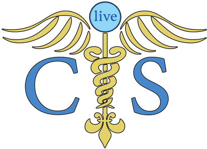 A caduceus with wings and the word live on it