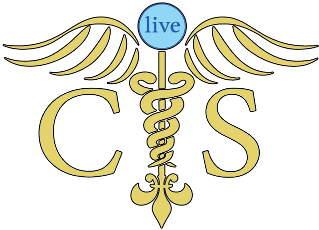 A caduceus with wings and the word live on it
