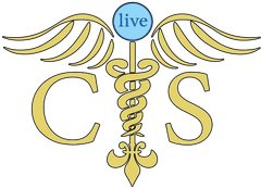 A caduceus with wings and the word live on it