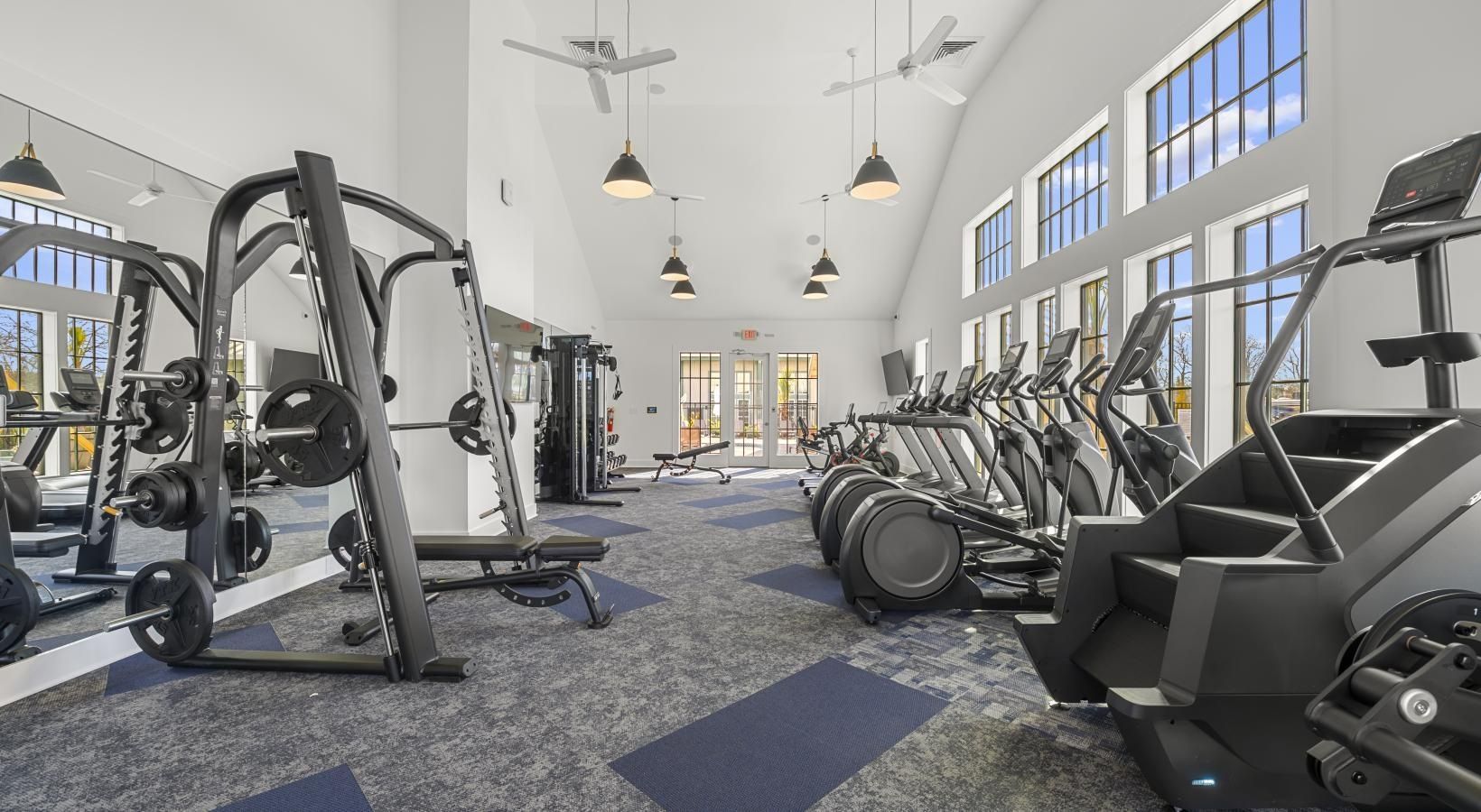 Bright gym interior with cardio machines, free weights, and weight racks.