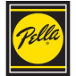 Pella logo: Yellow circle with script "Pella" within a black square with a white border.
