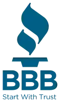 Better Business Bureau logo: blue flame over the letters "BBB", with "Start With Trust" below.