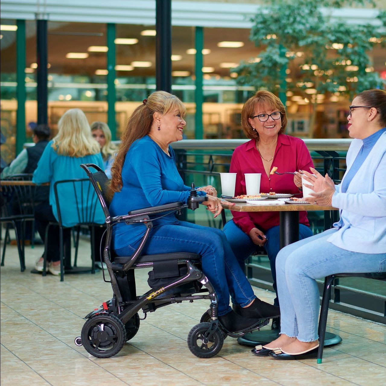 A woman in a wheelchair is sitting at a table with two other women.