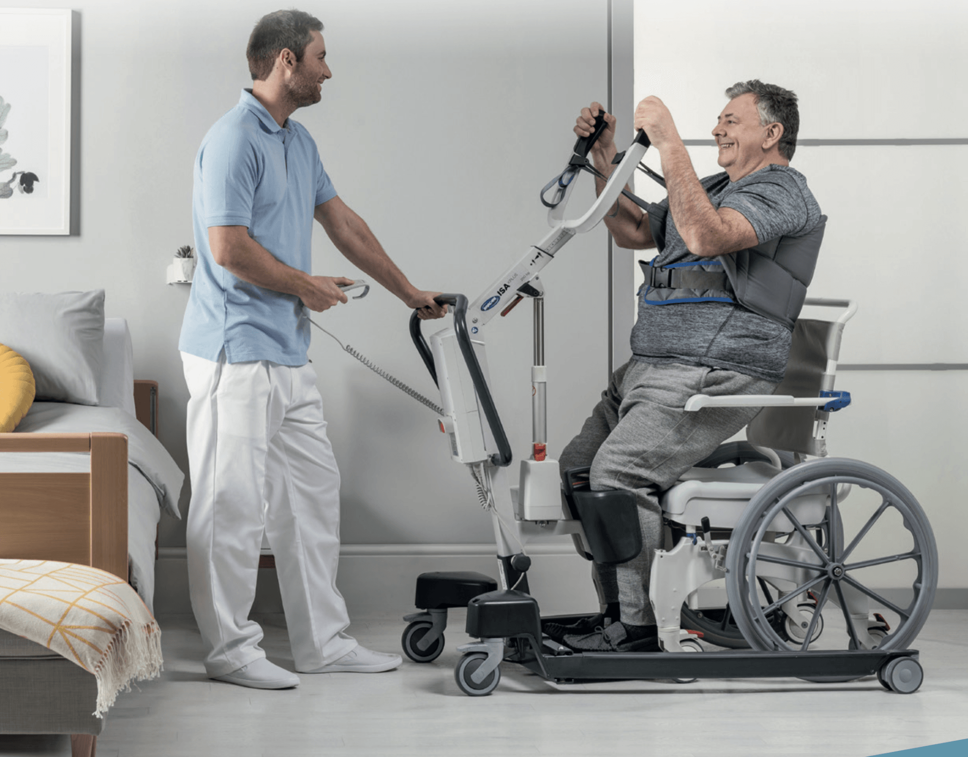 A man is standing next to a man in a wheelchair.