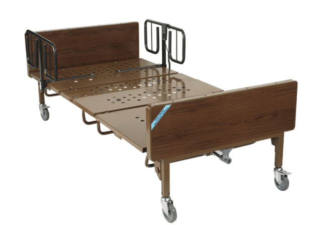 A wooden hospital bed with wheels on a white background