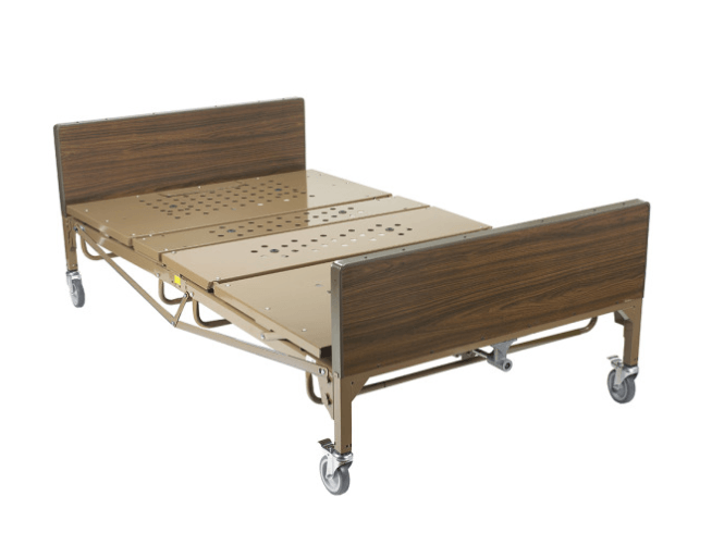 A wooden hospital bed with wheels on a white background