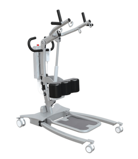 A gray and black patient lift with wheels on a white background.