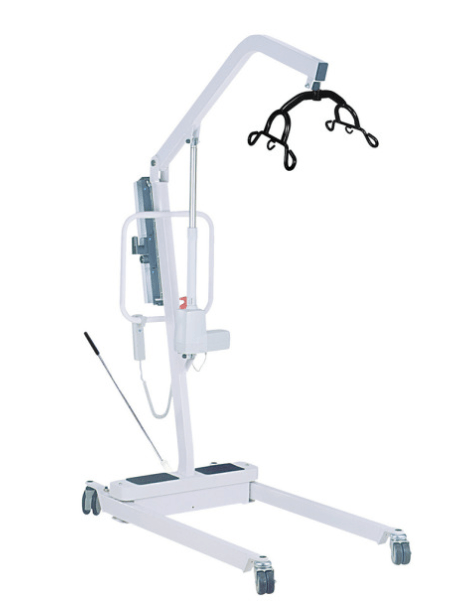 A white patient lift with wheels on a white background