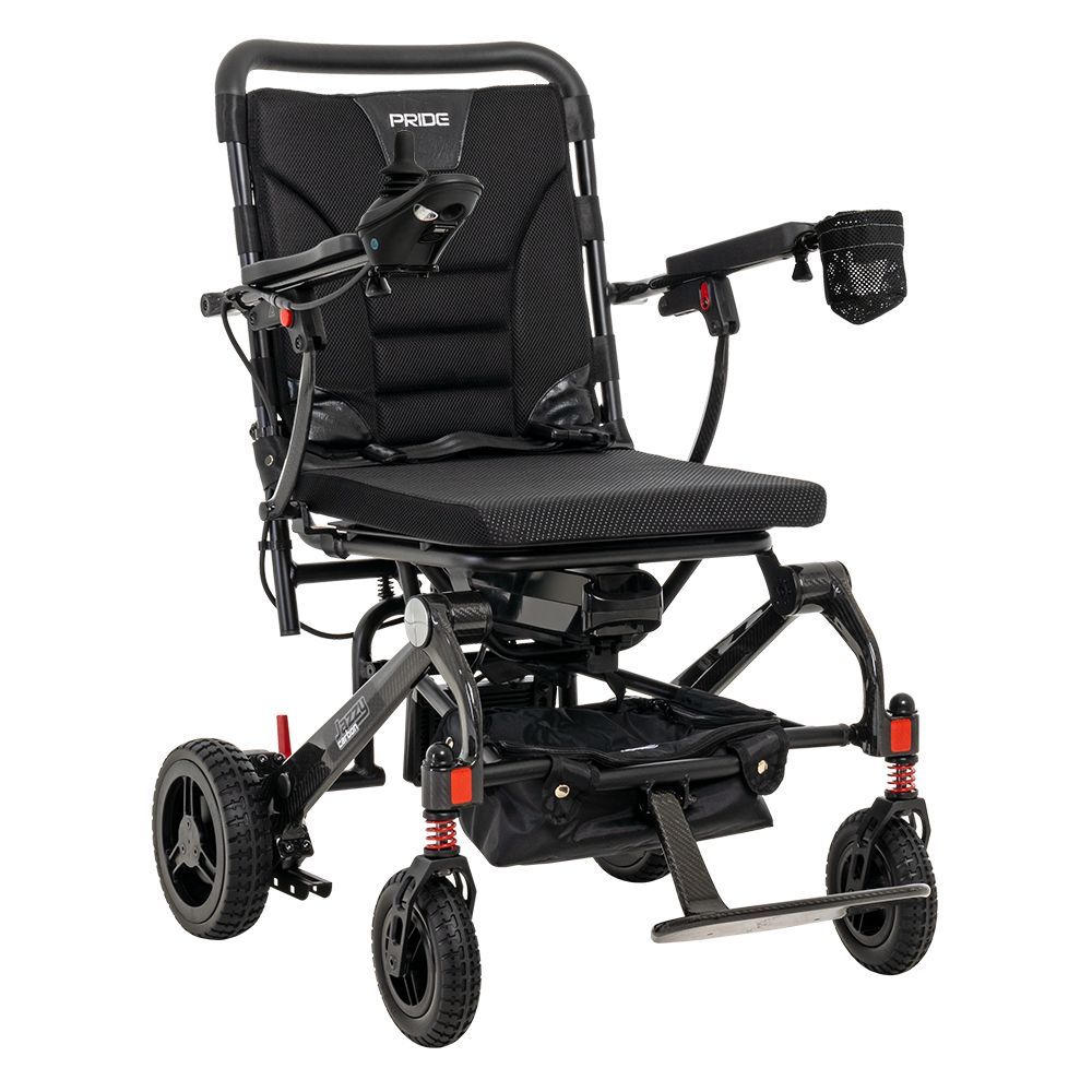 A black electric wheelchair with a cup holder on the arm.