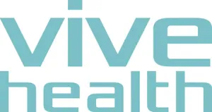 The vive health logo is blue and white on a white background.