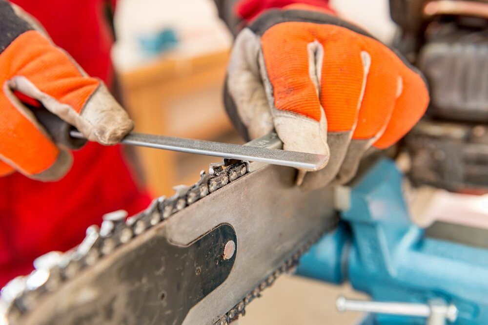 A Person Is Sharpening A Chainsaw With A File — Harry's Mower Repairs In Bundaberg North, QLD