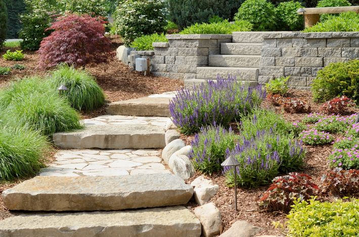A stone walkway surrounded by flowers and plants in a garden. A stone walkway surrounded by flowers and plants in a garden.