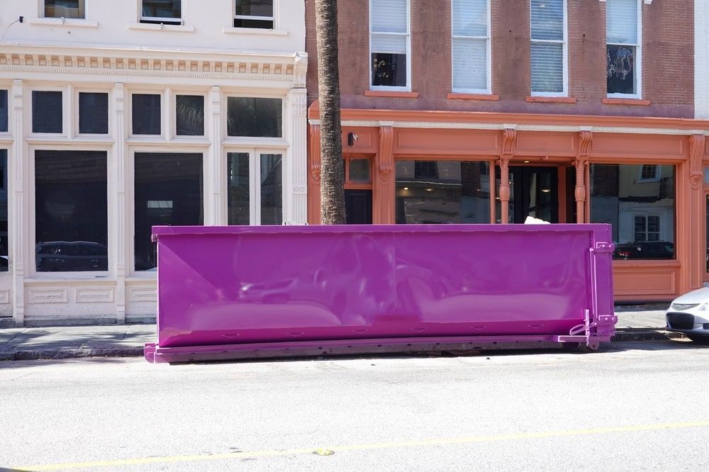 Purple Dumpster On The Side Of The Road In Front Of A Building — Kanga Bins Qld Pty Ltd In Mulara, QLD