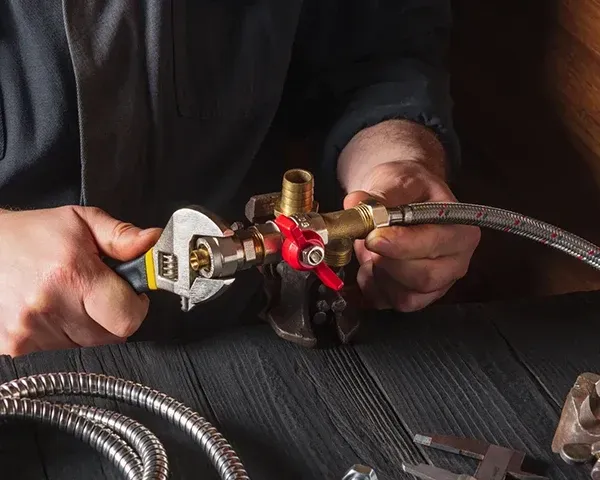 a plumber works on hose connections