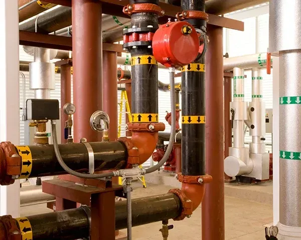 Industrial pipes and valves in a mechanical room, with red and brown equipment on metal supports.