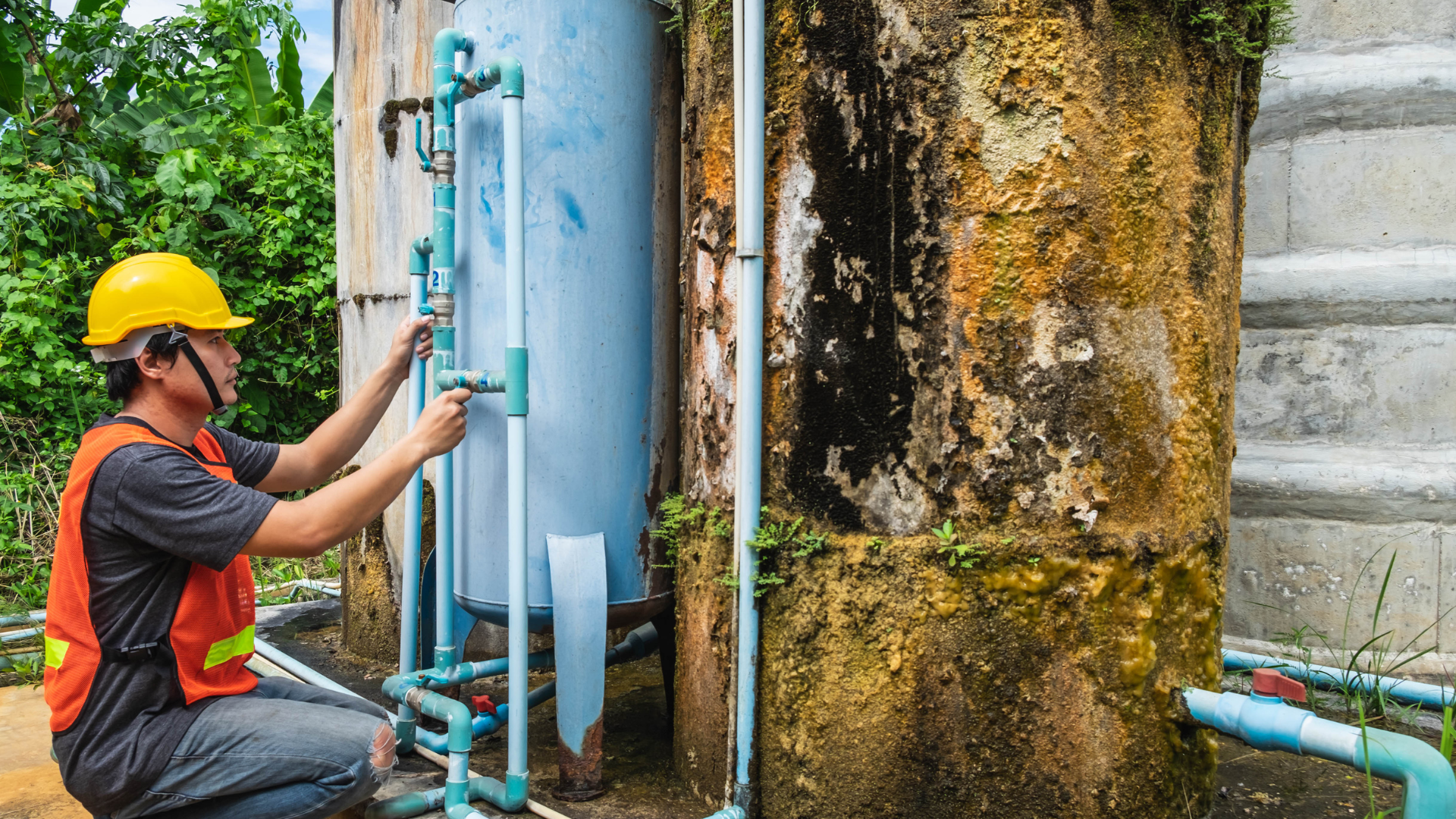 Technician in a yellow hard hat inspecting water tank pipes outdoors.