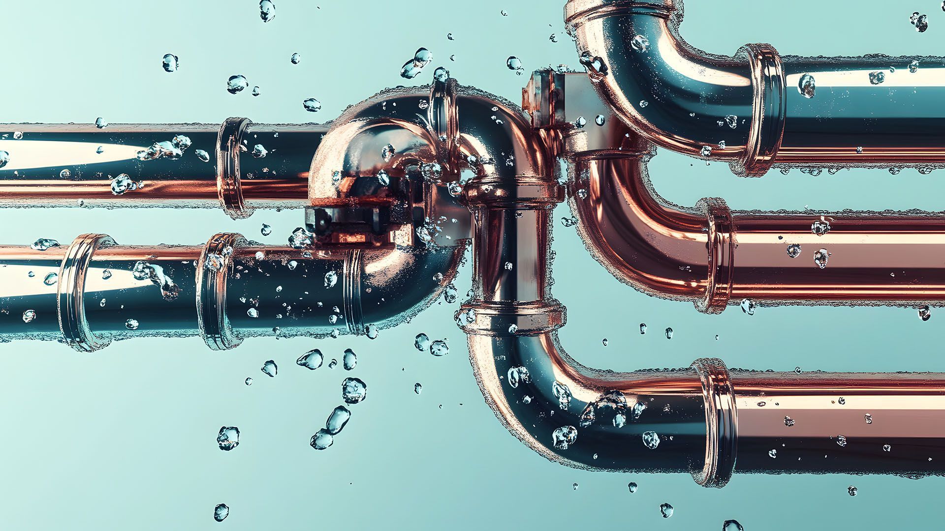 Shiny copper pipes with water droplets, connected in a complex arrangement against a light blue background.
