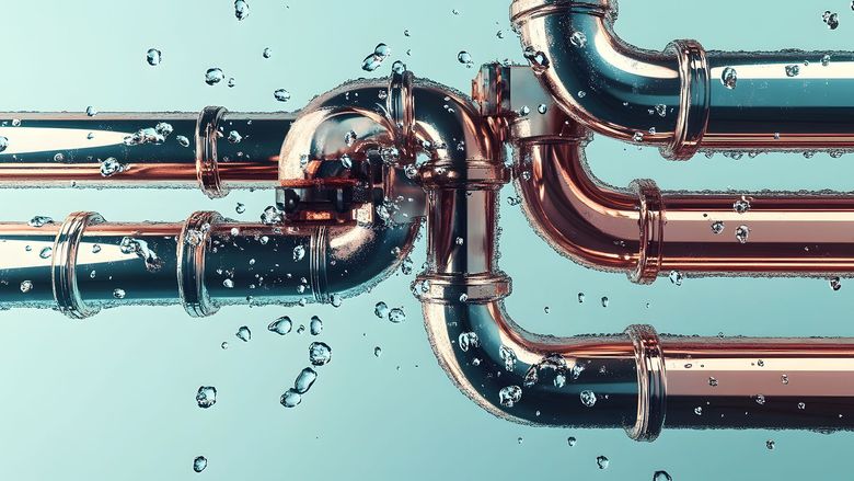Copper pipes with water droplets crossing a pale blue background