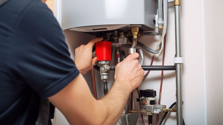 Plumber repairing pipes under a sink with tools and exposed plumbing lines
