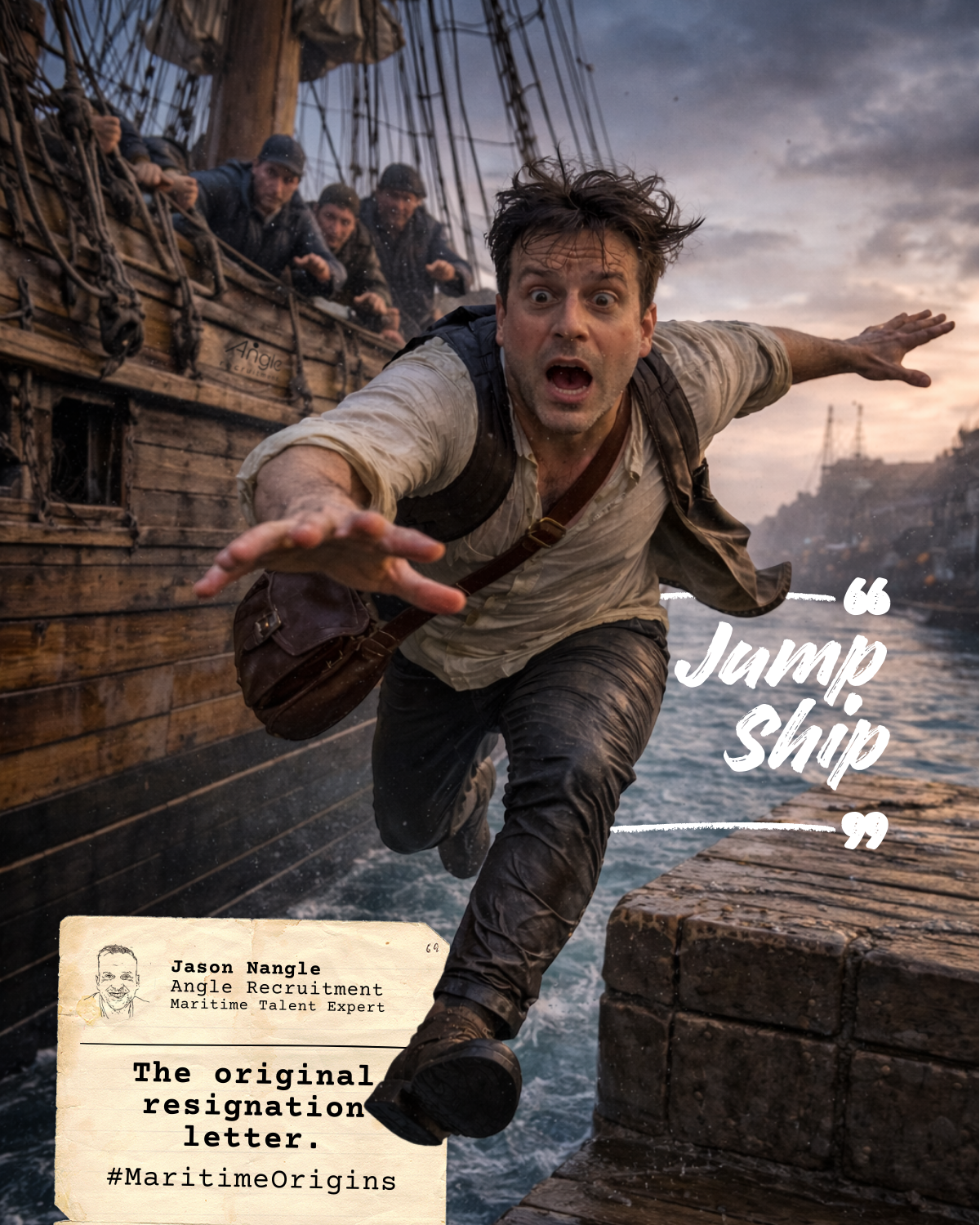 Jason Nangle jumping from a sailing ship to a dock illustrating the phrase “jump ship.”
