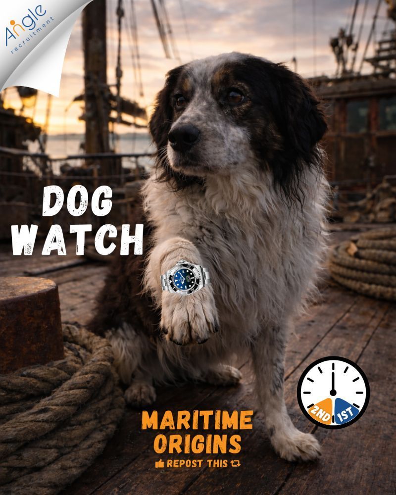 Maritime Origins graphic for Jason Nangle's LinkedIn series. A scruffy ship's dog sits on the wooden deck of an old sailing vessel at sunset, wearing a diver's watch on its raised paw. Bold white text reads 'Dog Watch.' A clock graphic bottom right shows the 1st and 2nd dog watch hours. Angle Recruitment logo top left.