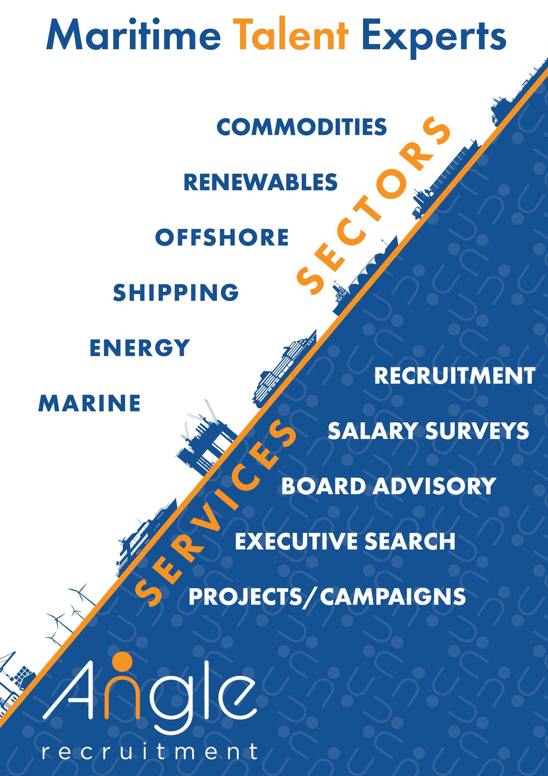 Graphic showing Angle Recruitment’s maritime sectors and services, including shipping, commodities, offshore, renewables and marine, alongside recruitment services such as executive search, salary surveys, board advisory and project hiring.