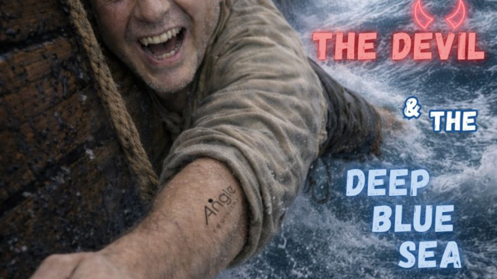 Jason Nangle clinging to a stormy sailing ship illustrating: between the devil and the deep blue sea