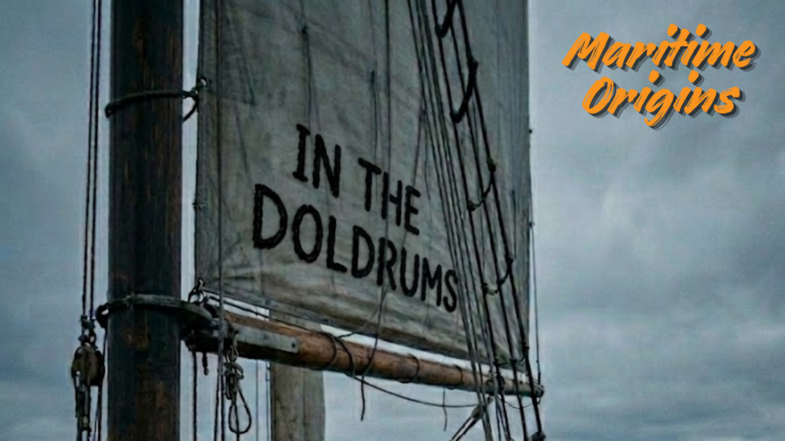 A becalmed sailing ship in flat water, hand raised feeling for a non-existent breeze, sails slack. 