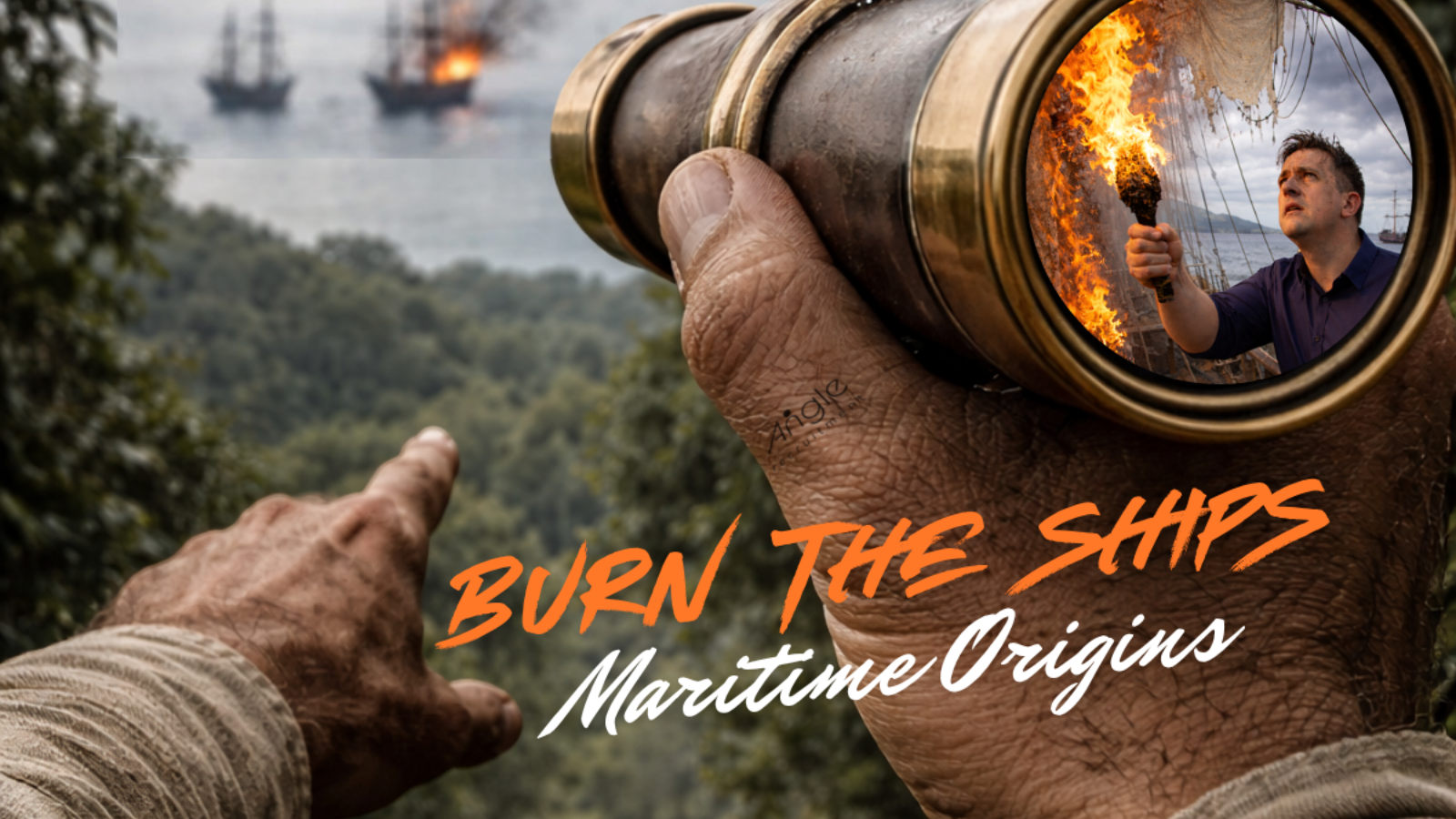 A brass telescope reflects a man holding a torch beside burning ships, with soldiers marching