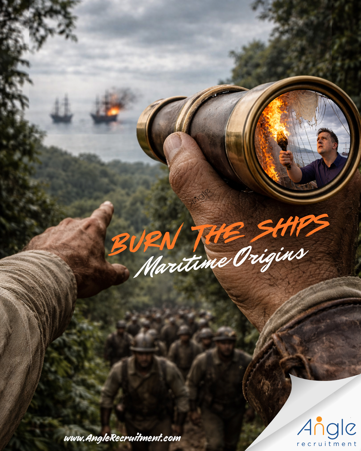 A cinematic first-person view of a rugged hand holding a brass telescope, overlooking a jungle coastline where soldiers march forward. In the distance, ships sit offshore, with one visibly on fire. Inside the lens reflection, Jason Nangle is shown holding a flaming torch against a ship’s sail. Bold orange text reads “Burn the Ships” with “Maritime Origins” beneath it. Angle Recruitment branding and website appear at the bottom of the image.