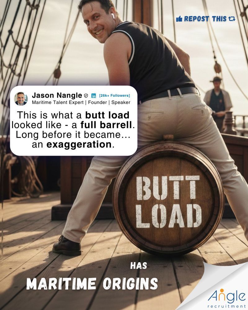 Jason Nangle sitting on a barrel on a sailing ship illustrating the maritime phrase “butt load.”