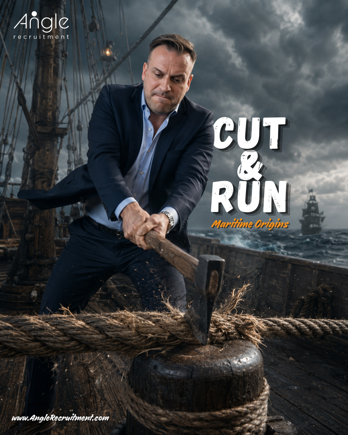 A cinematic storm-lit scene on the deck of an 18th century merchant sailing ship, centred on a Jason Nangle in a modern navy suit and open-collar shirt, mid-swing, driving a boarding axe into a massive taut hemp anchor cable wrapped over a wooden bollard. Around him: rope fibres bursting from the cut, weathered deck timbers, rigging and masts climbing into dark thunderclouds, heavy seas rolling beyond the rail, and on the horizon a black-sailed pirate ship closing in through the squall. Bold distressed text reads 