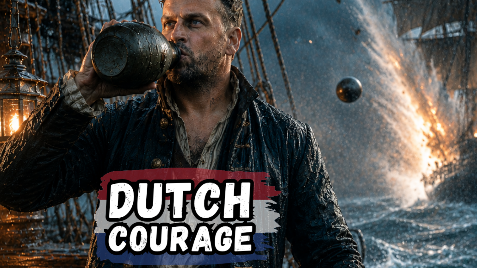 A weathered sailor on a storm lashed warship deck drinks from a stone bottle, a ship ablaze behind
