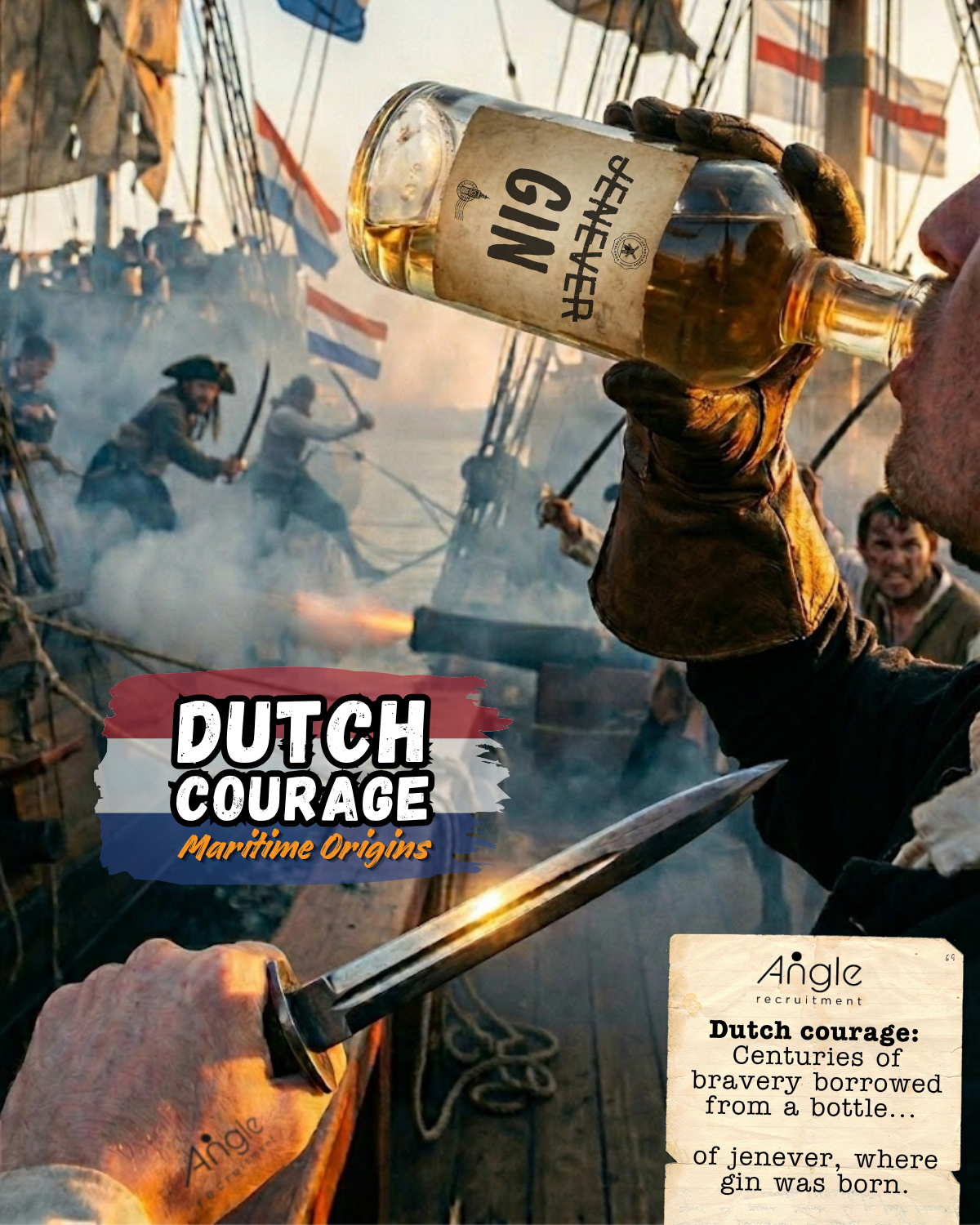 First person view of a gloved sailor tipping back a bottle labelled JENEVER struck through and GIN, a dagger in his other hand, on the deck of a warship mid sea battle with English and Dutch ships and gunsmoke behind. Title reads Dutch Courage, Maritime Origins. Angle Recruitment branding.