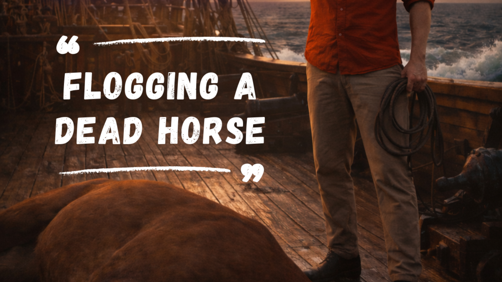 Jason Nangle on a sailing ship beside a dead horse illustrating the phrase “flogging a dead horse