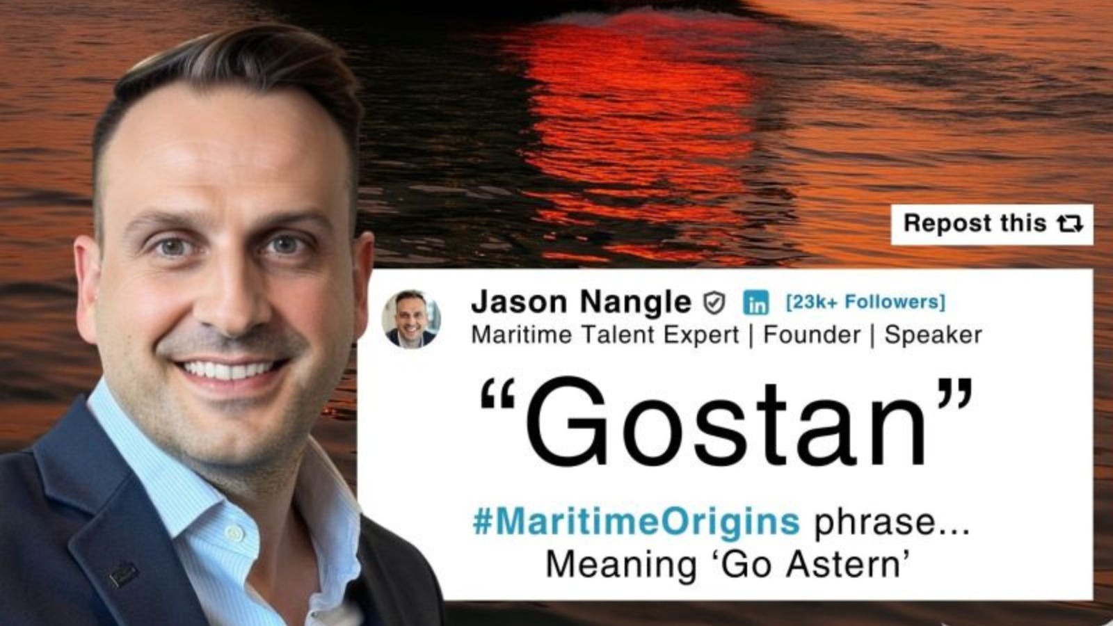 A large tanker vessel is shown reversing at sunset, with the word REVERSING