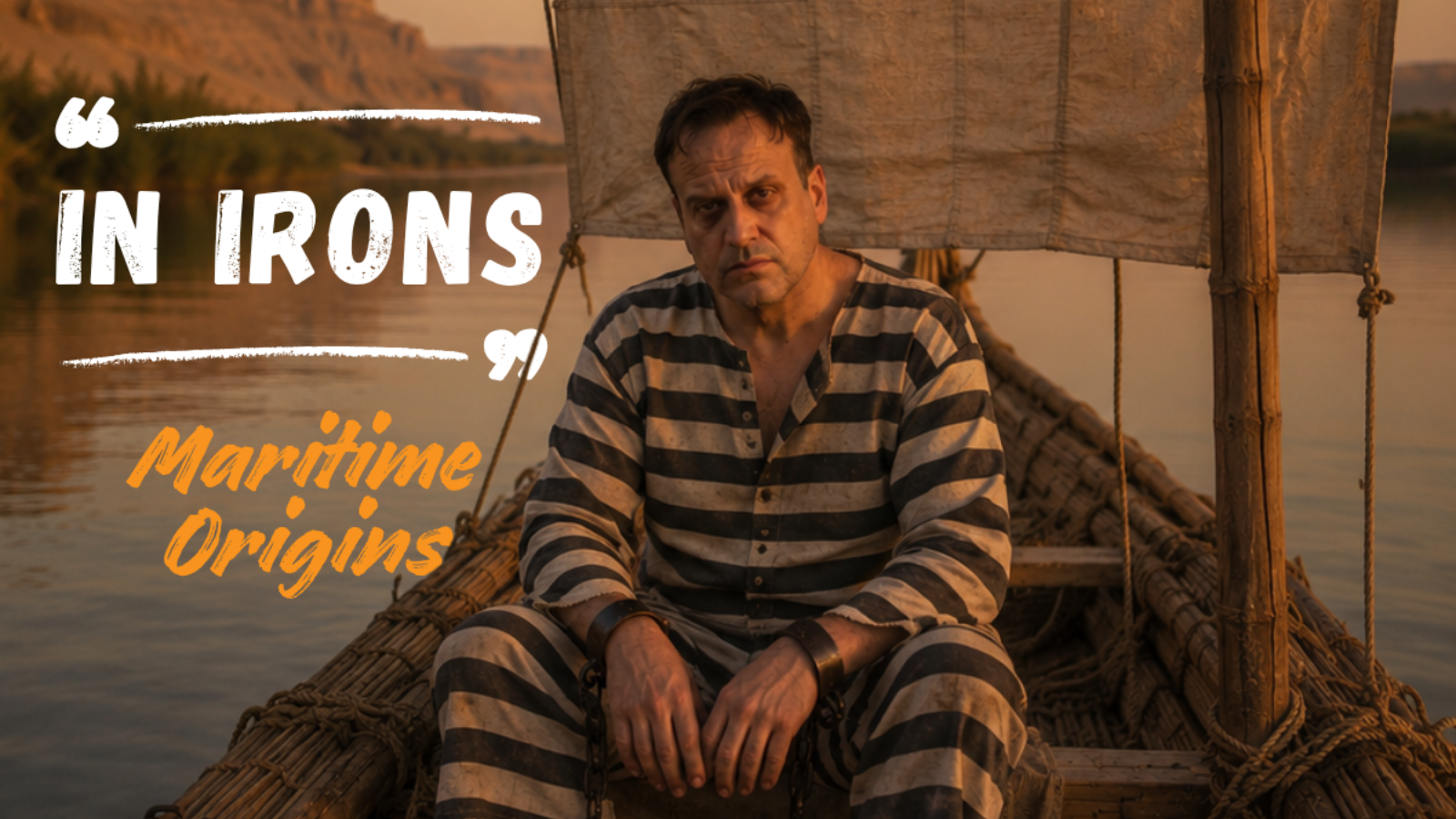 Man in striped prisoner's outfit, shackled in irons, sat in an ancient Egyptian sailing boat