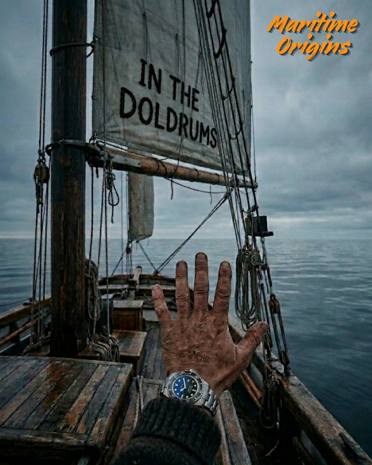 Jason Nangle stands on the deck of a small sailing ship in flat, glassy waters, sails hanging completely slack against a cloudless sky. His hand is raised palm-out like a stop sign, trying to feel even a whisper of wind. Text overlay reads: 