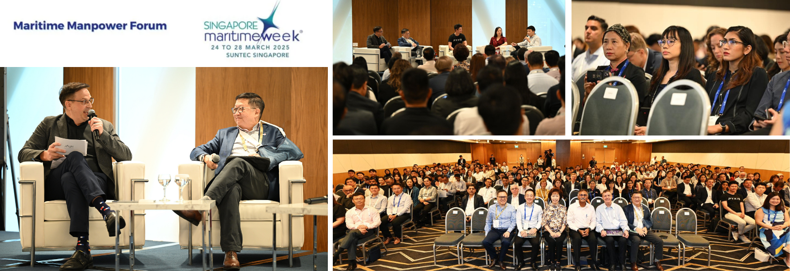 Summary:
A collage of photos from the Maritime Manpower Forum at Singapore Maritime Week 2025 featuring a panel discussion on maritime careers, talent development and workforce trends.
What’s inside:
The panel discussion titled “Sea-ing the Future: Leveraging Generational Insights to Enhance Maritime Careers” featured industry leaders Weng Yew Hor (Pacific Carriers Limited / Singapore Maritime Foundation), Tommy Phun (Pyxis), Wee Siong Yeo (SkillsFuture SG) and Elsie Ng (LinkedIn), moderated by Jason Nangle (Angle Recruitment).
Image itself:
Jason Nangle is seen moderating the discussion on stage with panelists Weng Yew Hor, Tommy Phun, Wee Siong Yeo and Elsie Ng. Additional photos show the wider panel conversation, audience members listening and engaging with the session, and a large group photo of attendees at the Maritime Manpower Forum during Singapore Maritime Week at Suntec Singapore.