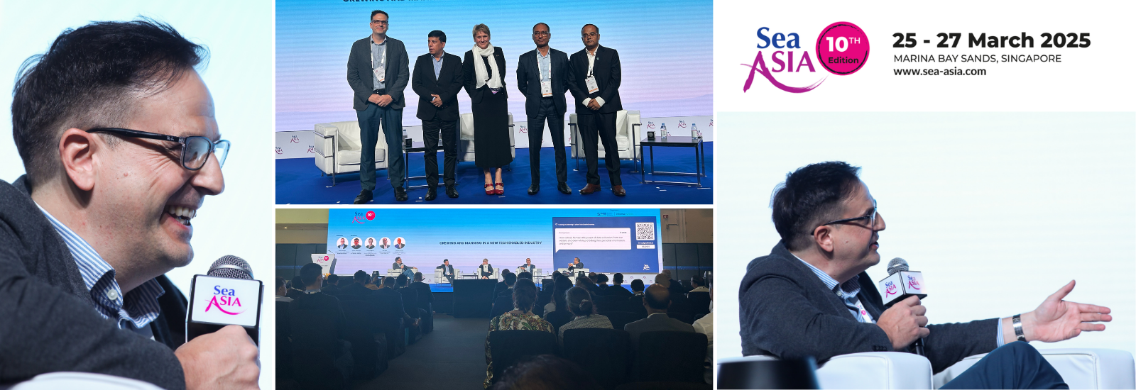 Summary:
A collage of photos from Sea Asia 2025 in Singapore featuring a maritime industry panel discussion moderated by Jason Nangle.
What’s inside:
The images highlight a panel session titled “Crewing and Manning in a New Tech Enabled Industry” at Sea Asia 2025. The panel featured Ashish Mediratta (A.P. Moller - Maersk), Pranesh Kumar (Hafnia), Eva Rodriguez (Bernhard Schulte Shipmanagement) and Joy Basu (Smart Ship Hub), moderated by Jason Nangle (Angle Recruitment).
Image itself:
Jason Nangle is seen moderating the panel discussion on stage at Marina Bay Sands during Sea Asia 2025. Photos show Jason holding a microphone while speaking with panelists Ashish Mediratta, Pranesh Kumar, Eva Rodriguez and Joy Basu. Additional images show the full panel on stage, a wide view of the conference audience attending the session, and Sea Asia 10th Edition branding with the event dates (25–27 March 2025).
