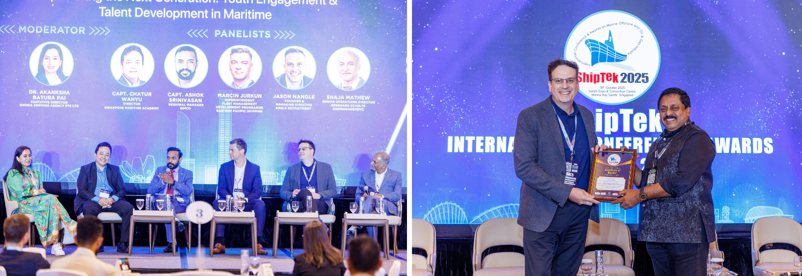 Photos from the ShipTek International Conference & Awards 2025 in Singapore featuring a maritime industry panel discussion and award presentation.
What’s inside:
The images show Jason Nangle participating in a panel titled “Bridging the Talent Generation: Youth Engagement & Talent Development in Maritime” alongside industry leaders, followed by an award presentation during the ShipTek conference.
Image itself:
On the left, Jason Nangle, Founder and Managing Director of Angle Recruitment, sits on stage as a panelist during the session “Bridging the Talent Generation: Youth Engagement & Talent Development in Maritime.” The panel features several maritime industry leaders speaking in front of a conference audience at ShipTek 2025 in Singapore. On the right, Jason is seen receiving a commemorative plaque during the ShipTek International Conference & Awards ceremony, with the ShipTek 2025 event branding visible in the background.