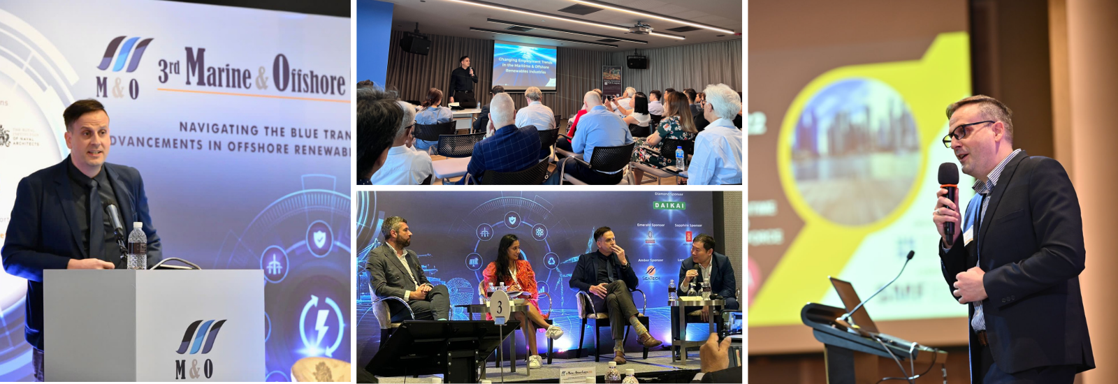 Summary:
A collage of photos showing Jason Nangle speaking and participating as a panelist at various maritime industry conferences.
What’s inside:
The images highlight Jason Nangle presenting keynote talks, delivering presentations, and joining expert panel discussions at marine, offshore and maritime industry events.
Image itself:
Jason Nangle, Founder and Managing Director of Angle Recruitment, is seen speaking on stage and addressing conference audiences at several maritime and offshore industry events. The collage includes photos of Jason delivering presentations at the Marine & Offshore Conference, speaking to industry professionals in seminar settings, and participating as an expert panelist alongside other maritime leaders. In several images he is holding a microphone while presenting insights on maritime workforce trends, talent development and industry challenges to audiences of maritime professionals.