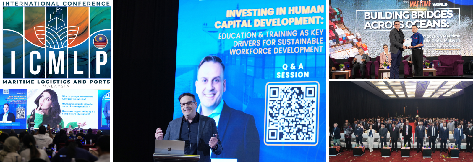 Summary:
Photos from the International Conference on Maritime Logistics and Ports (ICMLP) 2025 in Malaysia featuring Jason Nangle speaking on maritime workforce development.
What’s inside:
The collage shows Jason Nangle presenting at ICMLP 2025, participating in a conference session on human capital development in maritime, interacting with industry participants, and appearing during the conference closing moments with attendees.
Image itself:
Jason Nangle, Founder and Managing Director of Angle Recruitment, is seen presenting on stage at the International Conference on Maritime Logistics and Ports (ICMLP) 2025 in Malaysia. His presentation focuses on “Investing in Human Capital Development: Education & Training as Key Drivers for Sustainable Workforce Development.” The collage includes images of Jason speaking to an audience with presentation slides behind him, participating in a stage session, receiving recognition during the conference, and a group photo of conference delegates and speakers at the event.