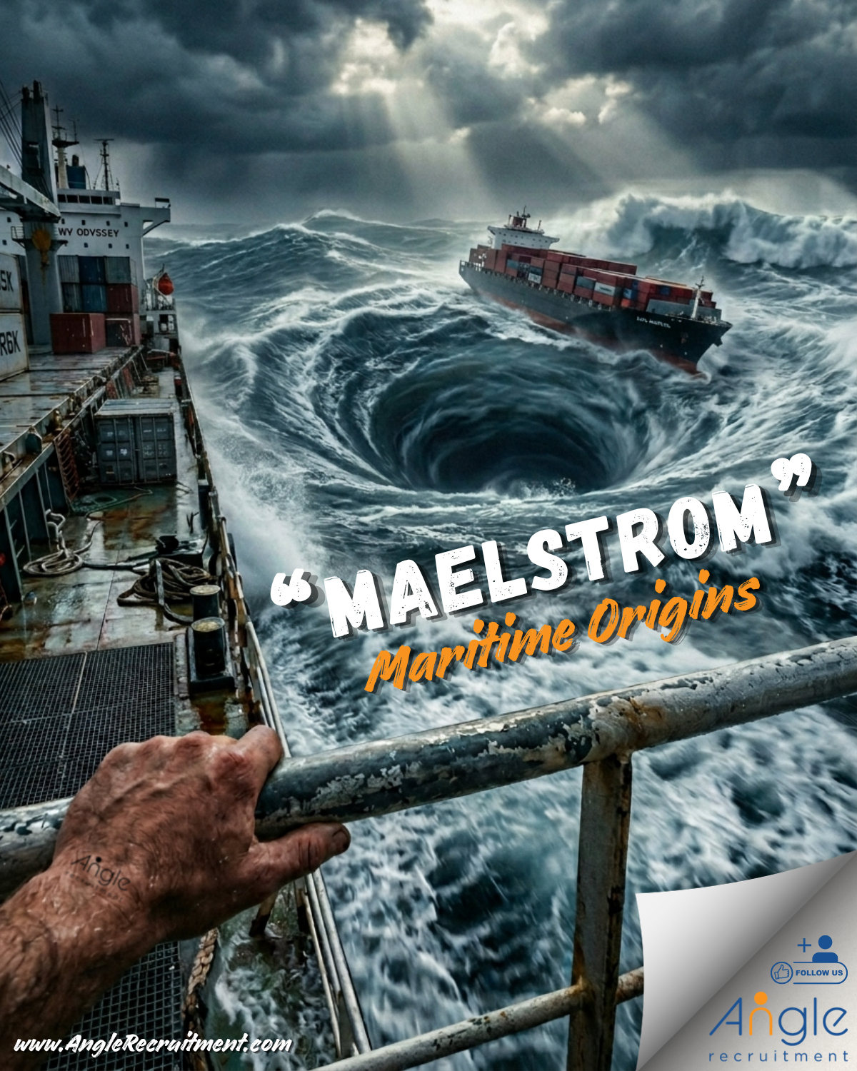 Summary:
A Maritime Origins post explaining the word “Maelstrom” and its connection to chaos and powerful ocean currents.
Image itself:
A cinematic first-person view from the deck of a cargo vessel, with a rugged hand gripping a metal railing. Ahead, a massive swirling ocean vortex forms, pulling the sea inward like a whirlpool. A container ship in the distance is being dragged toward the centre under dark storm clouds with dramatic light breaking through. Bold text reads “Maalstroom” with “Maritime Origins” beneath it. Angle Recruitment branding, website, and the credit “Content by Jason Nangle, Angle Recruitment” appear at the bottom of the image.