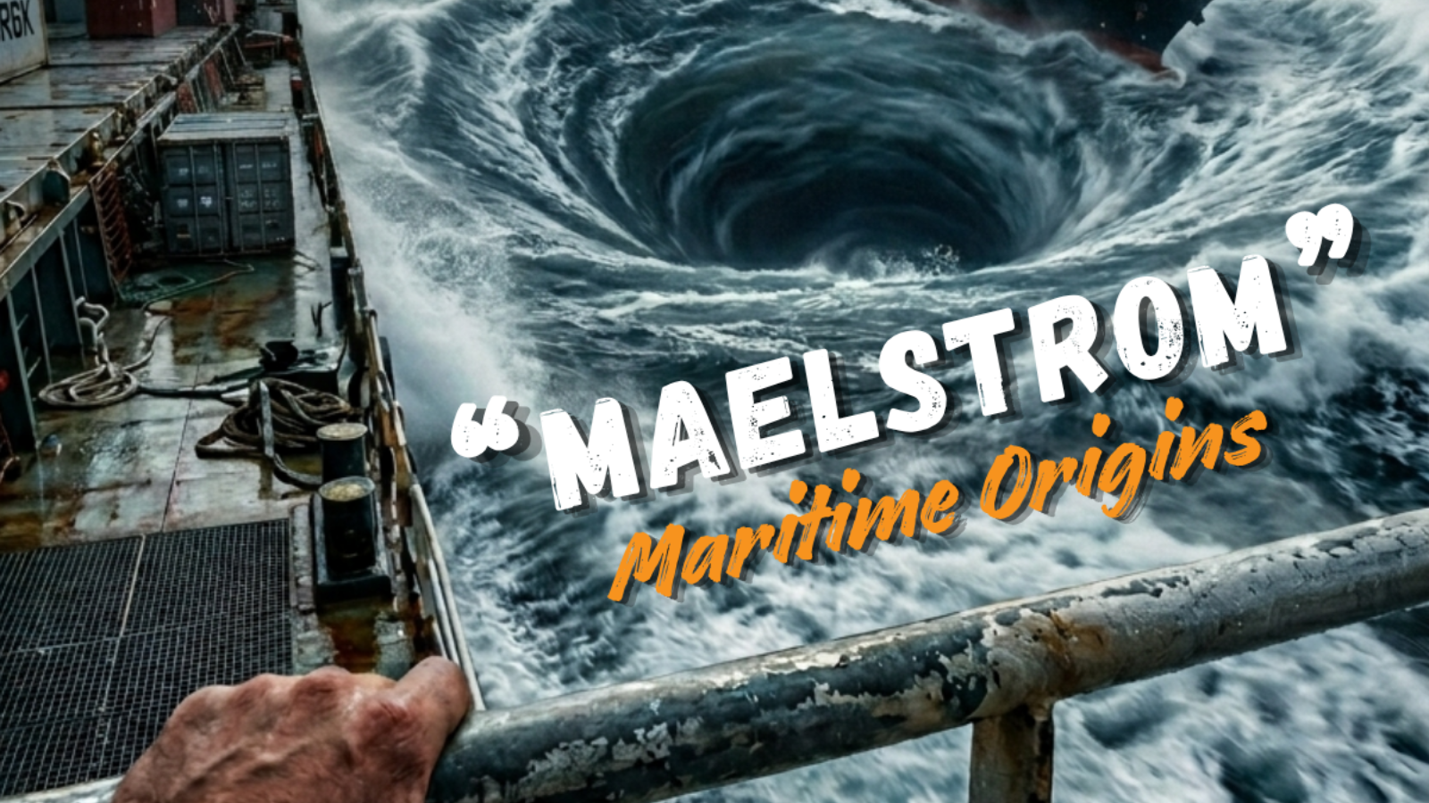 A cargo vessel deck view as a container ship is pulled toward a massive ocean maelstrom under storms