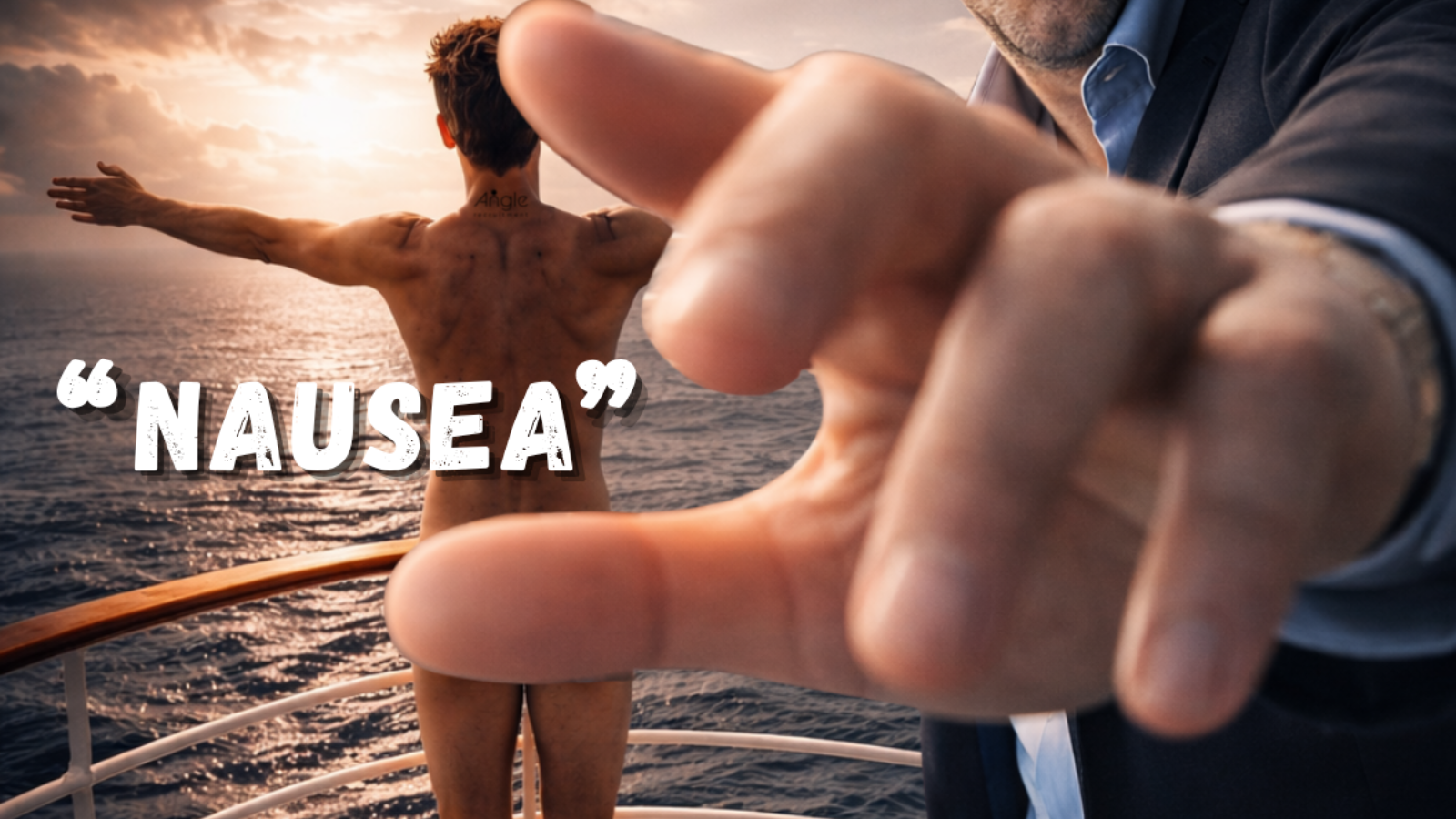 Jason Nangle reacts in shock as a naked cruise passenger stands arms wide at the bow,.