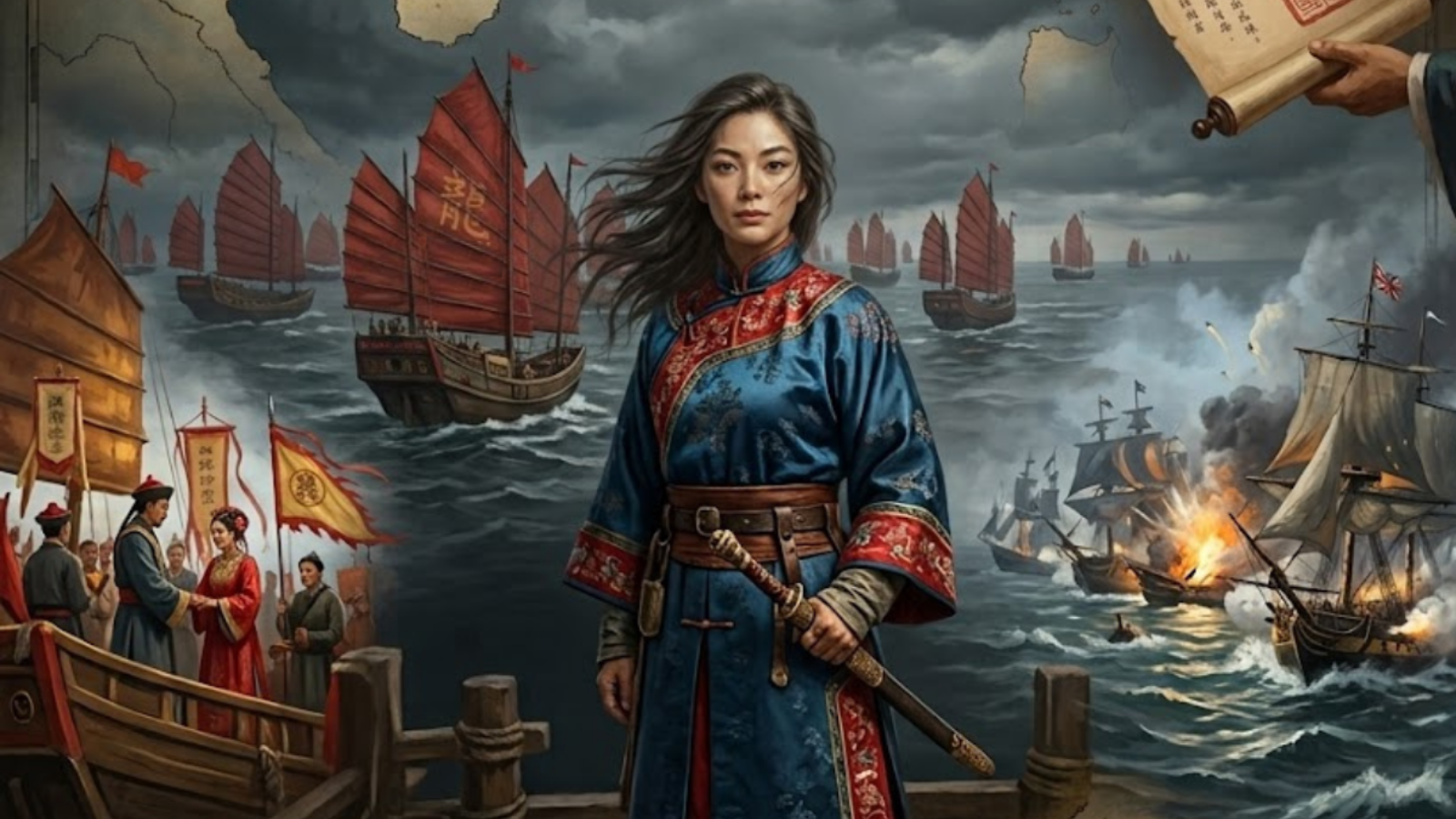 A richly illustrated montage over a map of the South China Sea, centred on a pirate queen 