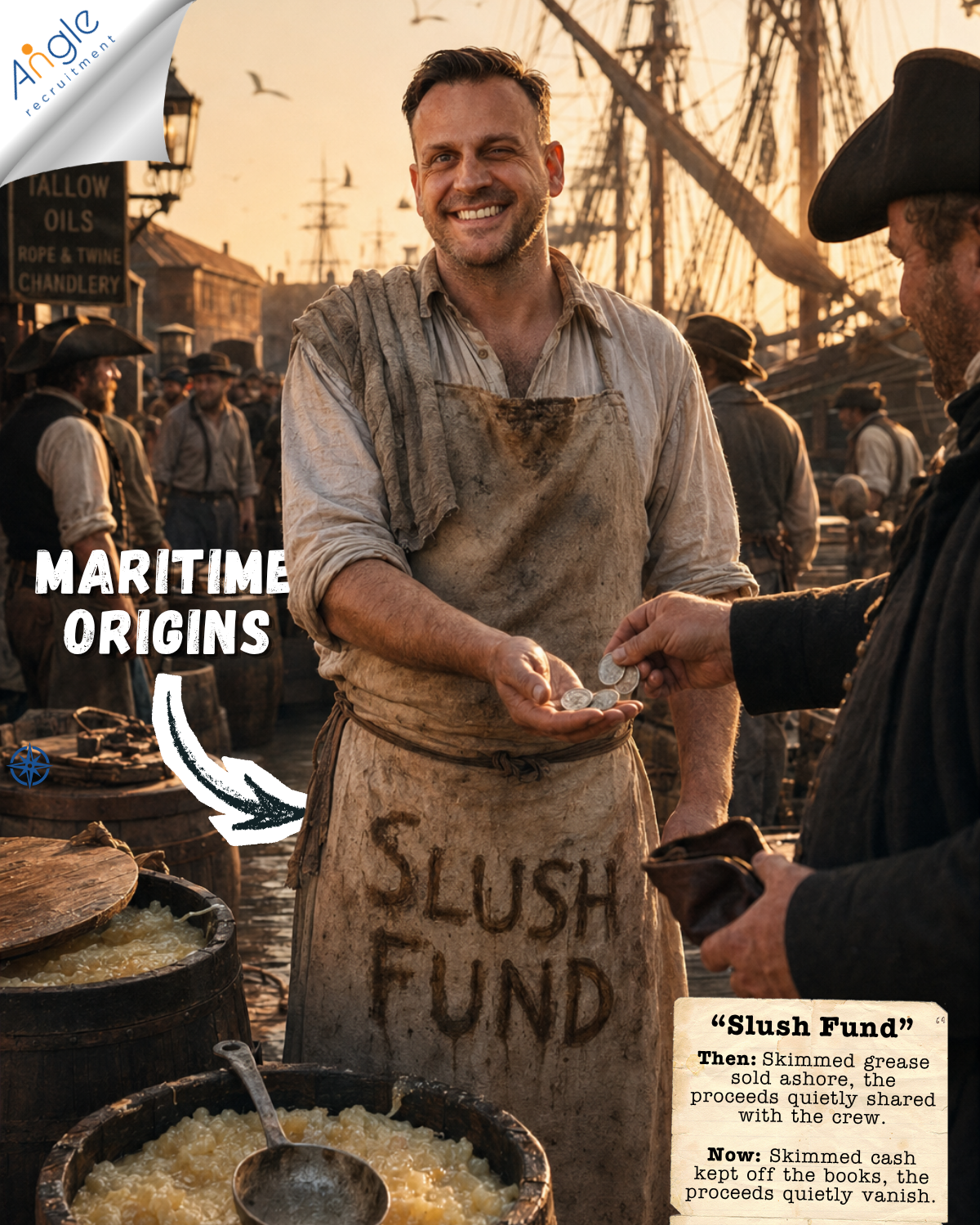 Cinematic historical port scene at sunset featuring a smiling ship’s cook in a stained apron marked “Slush Fund”, winking while receiving silver coins from a sailor. Wooden sailing ships and busy dockworkers fill the background, with barrels of rendered fat or grease in the foreground. Overlay text reads “Maritime Origins” with an explanation of the phrase “Slush Fund”, linking its nautical origins to hidden or unofficial money.