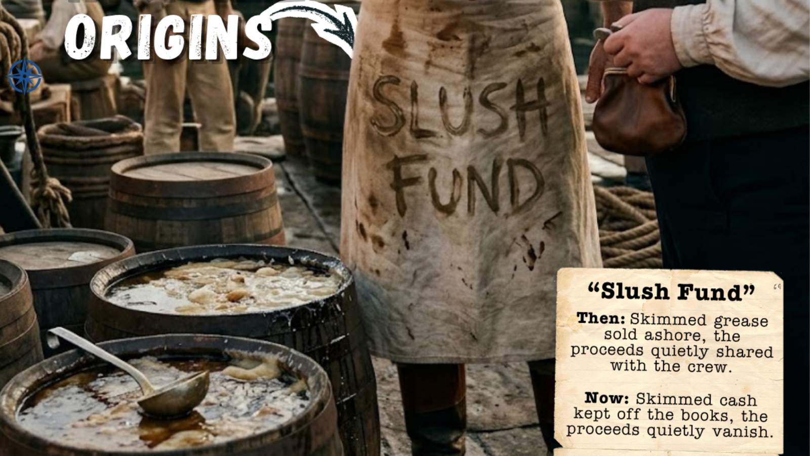 Historic dockside ship cook receiving coins beside “Slush Fund” barrels, explaining the maritime ori