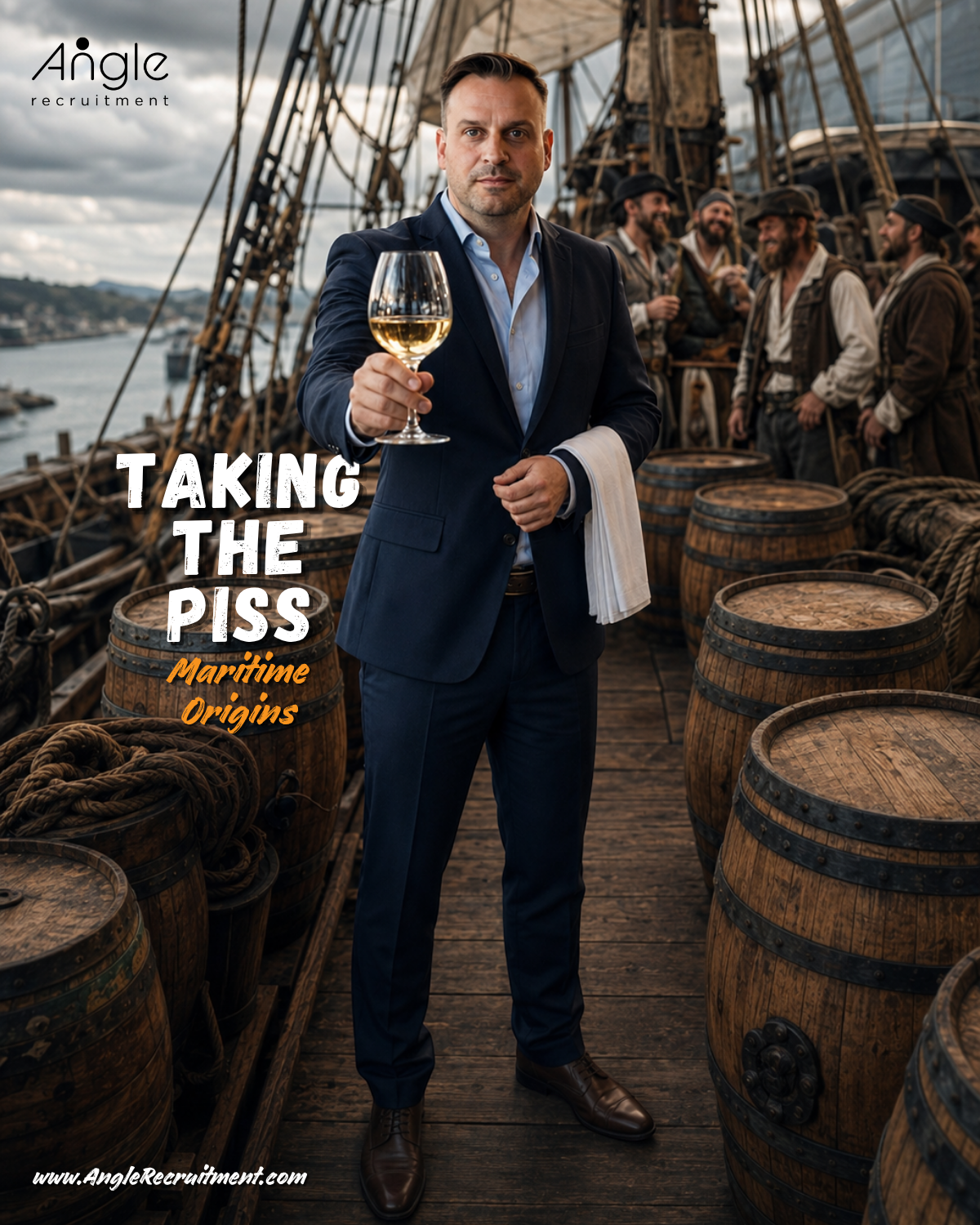 A calm, grey-lit scene on the deck of an 18th century wooden sailing ship, centred on Jason Nangle in a modern navy suit with a white sommelier cloth folded over one forearm, politely presenting a stemmed wine glass of pale golden liquid straight to camera with a dead-serious expression. Around him: wooden barrels stacked and lashed across the deck, rigging and sails rising into an overcast sky, and near the mast a blurred group of period-dressed sailors laughing among themselves behind his back. The Angle Recruitment logo sits in the corner, and bold text reads